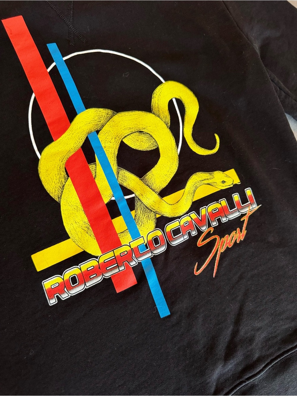 ROBERTO CAVALLI Black Crewneck Sweatshirt w Retro Yellow & Red Snake Graphic - Picture 4 of 12